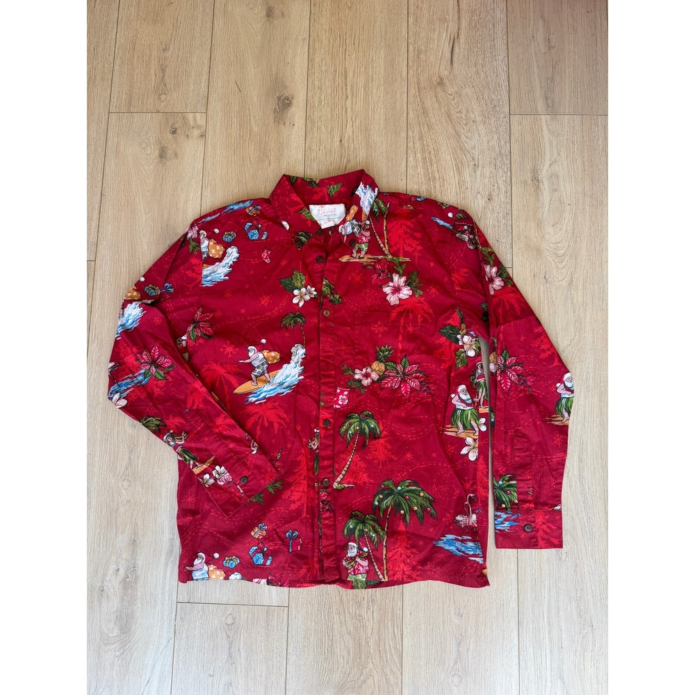 Hawaii Hangover Mens M Red Christmas Hawaiian Shirt Santa Surf Hula Long Sleeve